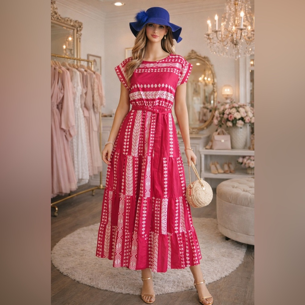 C+D+M Pink Printed Midi Dress Boho Tie Waist Short Sleeve S